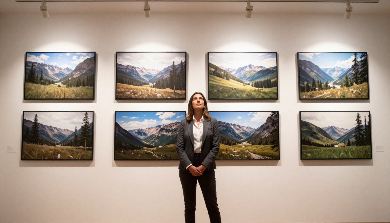 Low-angle upward perspective of professional woman standing before a gallery wall displaying large AI-generated photorealistic landscape prints in black frames