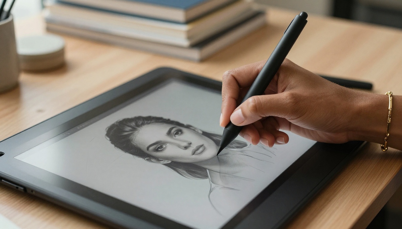 Close-up of designer's hands using a graphics tablet stylus with an AI-generated portrait visible on the tablet screen surface