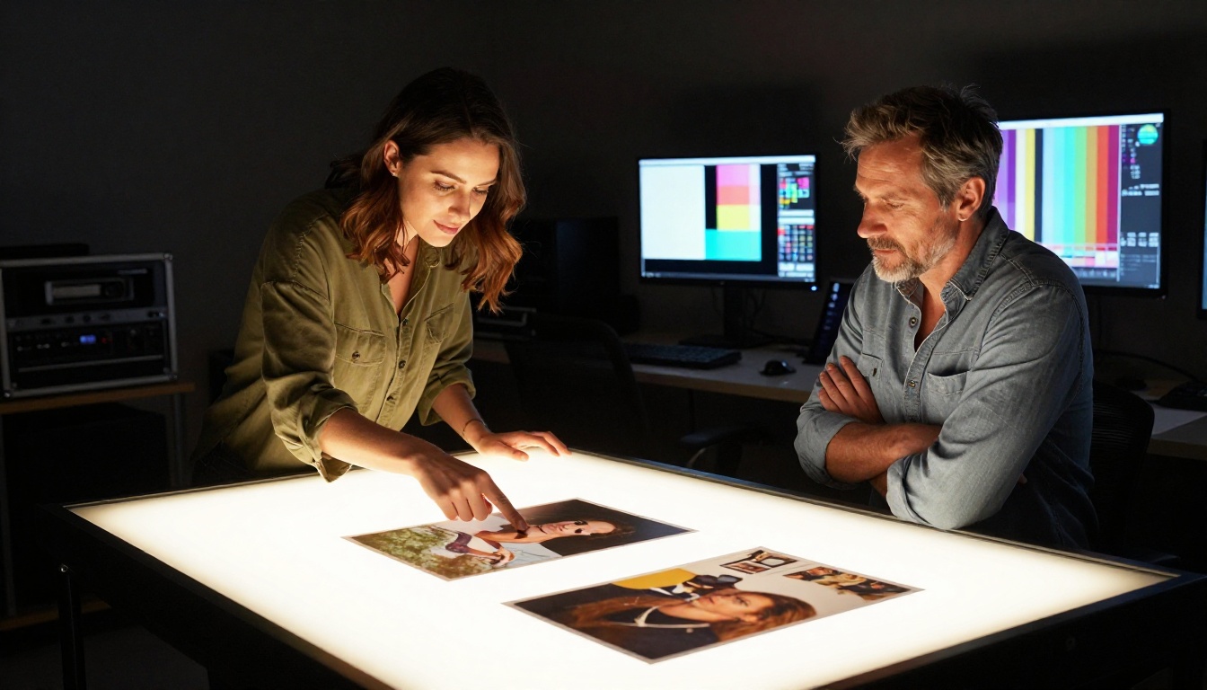 Two creative professionals reviewing large AI-generated photographic prints spread across a backlit light table in a professional post-production suite