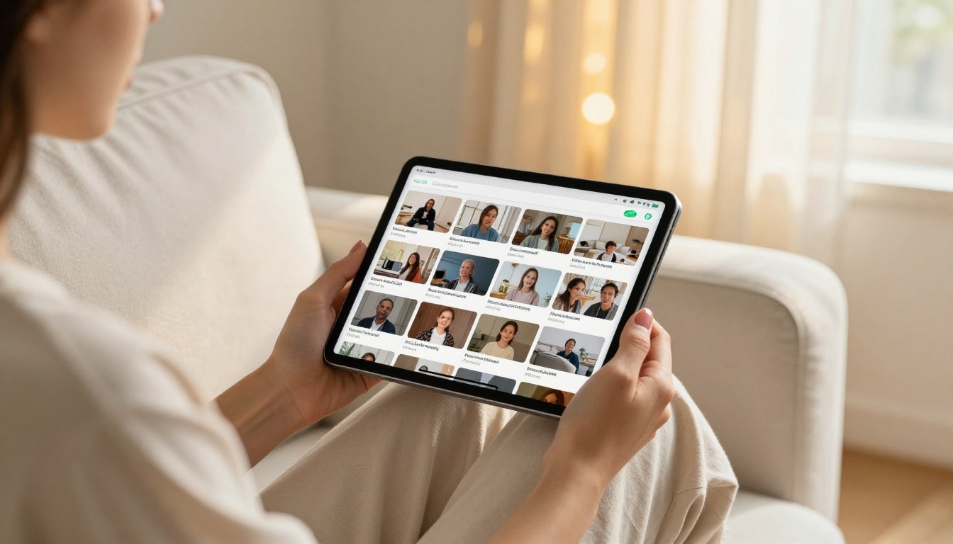 Woman holding tablet showing AI video interface on a bright sofa