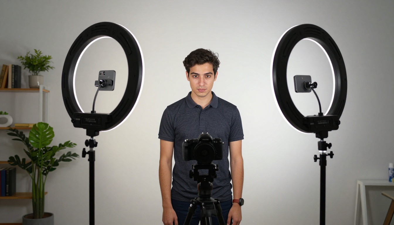 Professional YouTube creator in studio setup with ring lights and camera