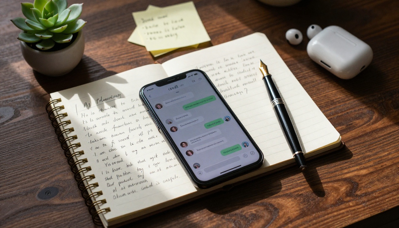 Flat lay desk with phone showing AI writing assistant interface and notebook