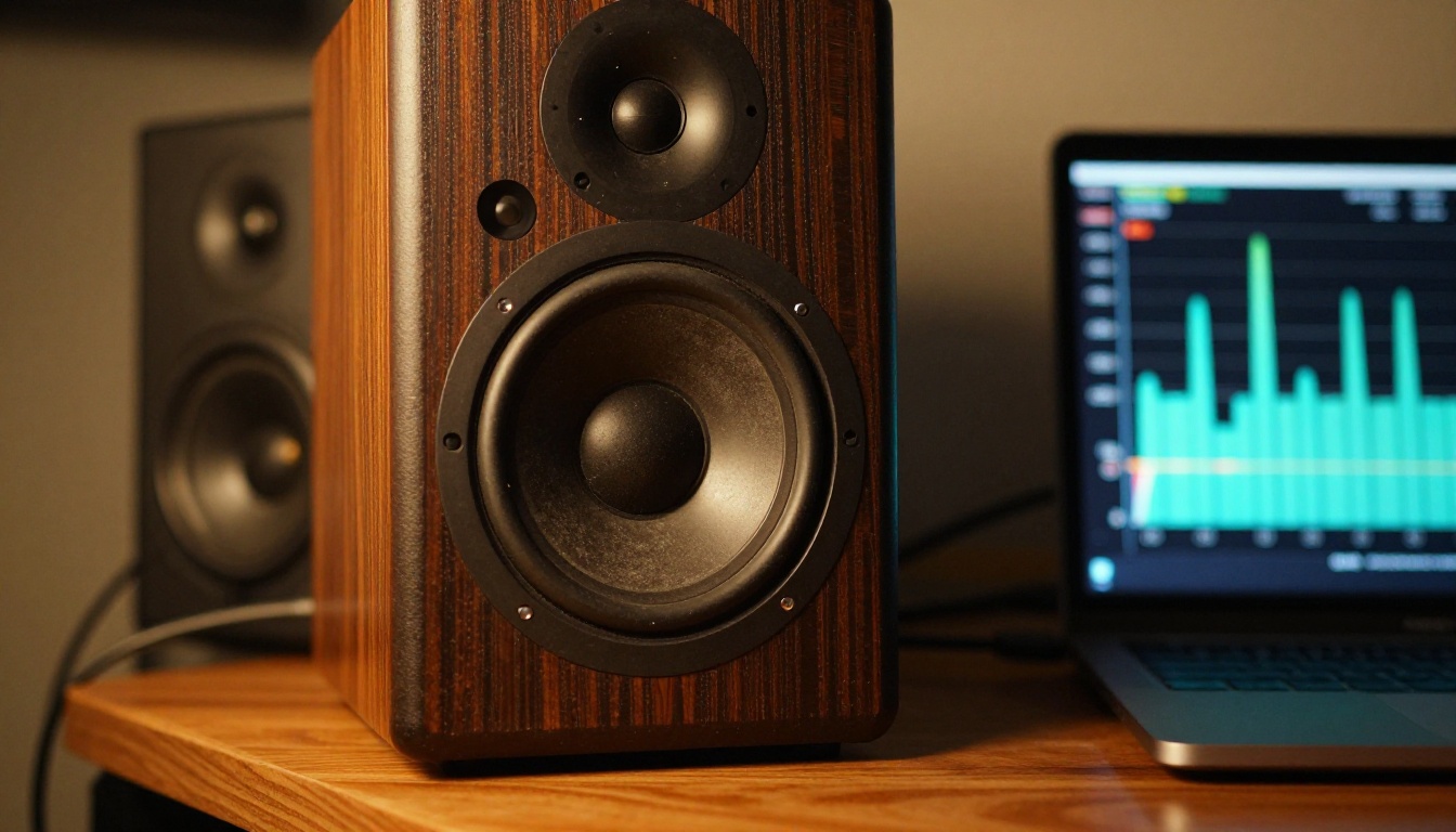 Studio monitor speakers displaying audio spectrum equalizer on walnut desk
