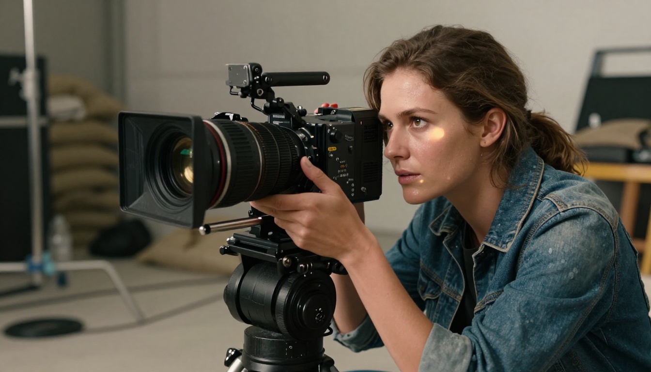 Professional cinematographer examining a cinema camera viewfinder on an active film set with tungsten key light Professional cinematographer examining a cinema camera viewfinder on an active film set with tungsten key light
