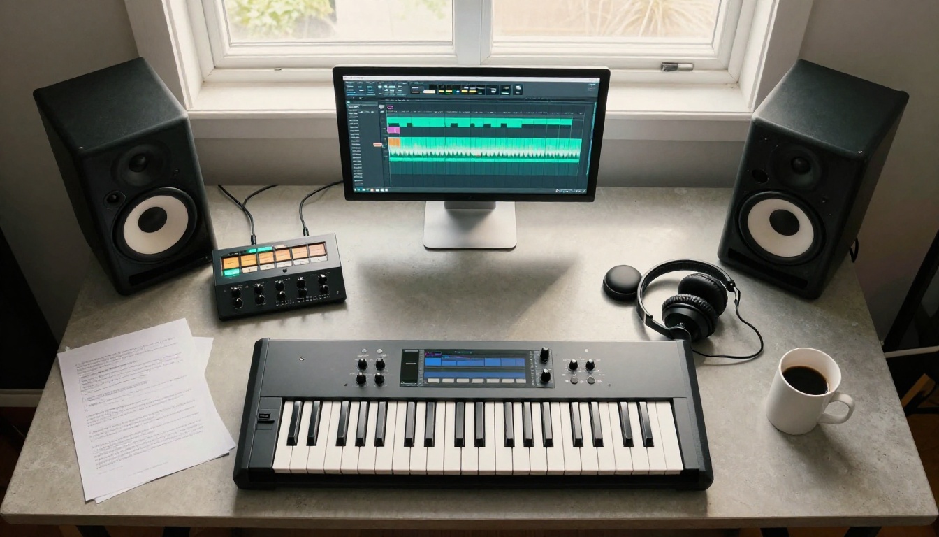 Aerial top-down view of professional home recording studio with MIDI keyboard and monitors