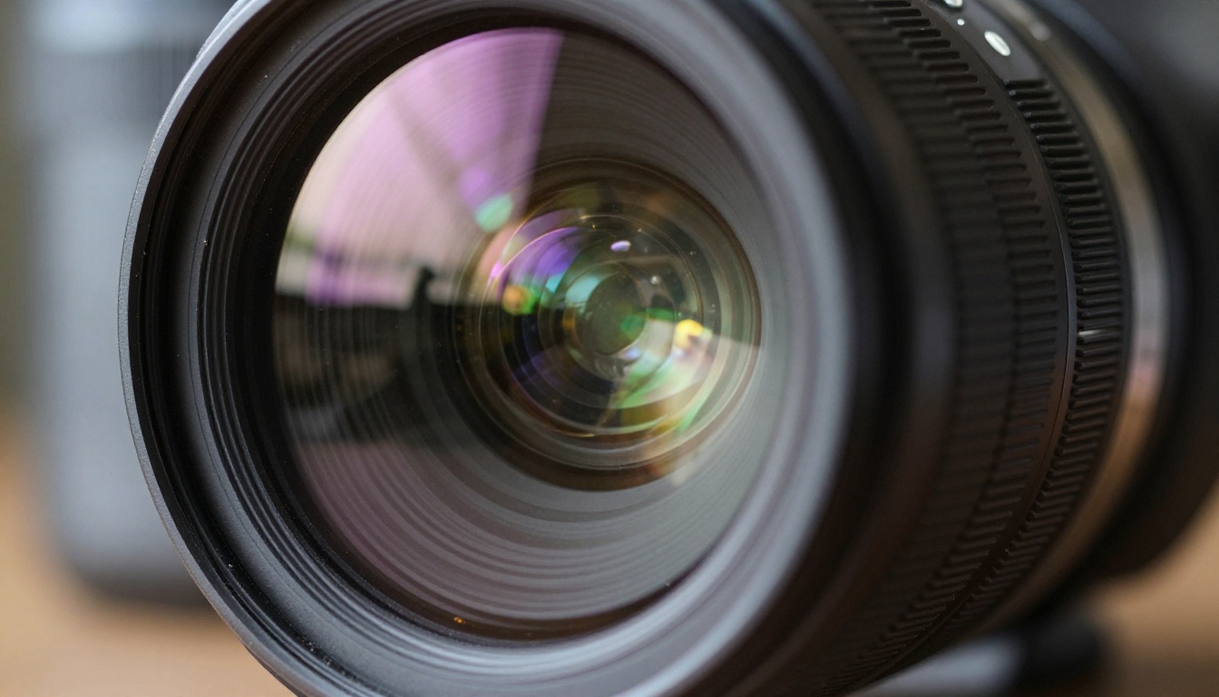 Macro close-up of a cinema camera lens front element reflecting a film set with crew visible in the glass Macro close-up of a cinema camera lens front element reflecting a film set with crew visible in the glass