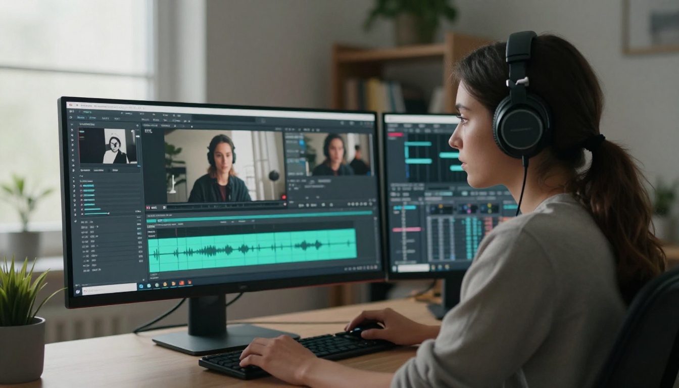 Young woman wearing headphones editing YouTube video on curved monitor with AI music track