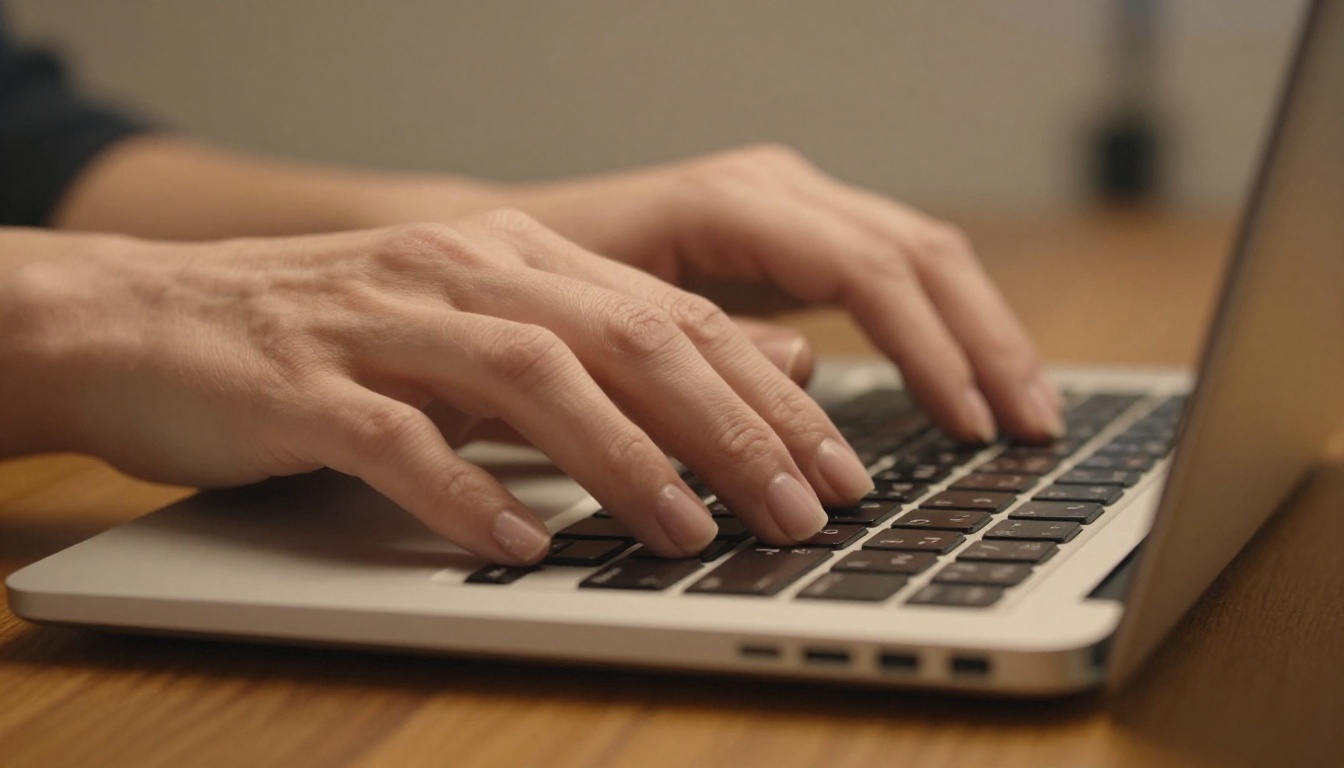 Hands resting on a laptop keyboard, warm amber desk lamp light, natural skin texture, Kodak Portra 400, RAW 8K photography