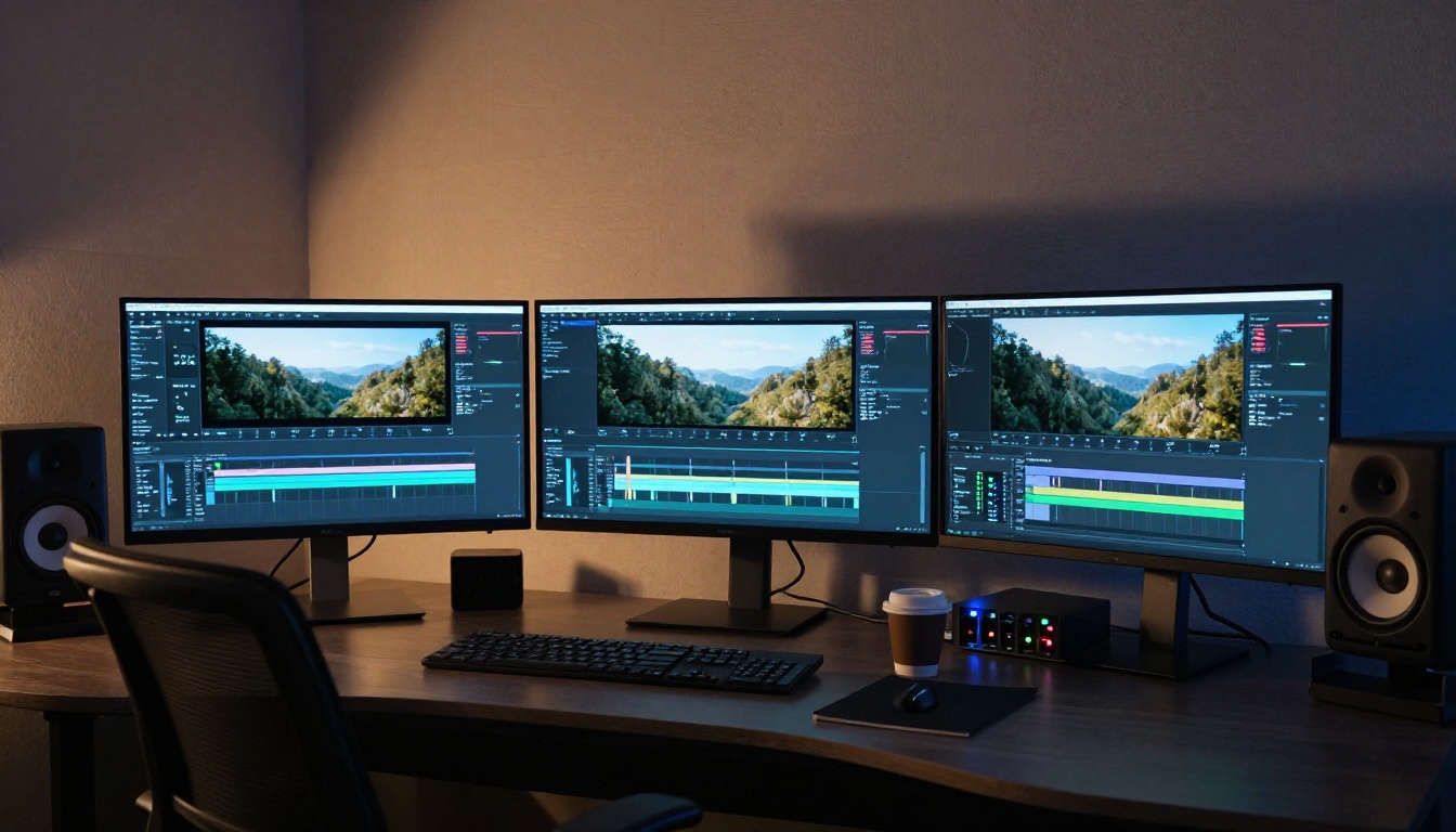 Professional video editing suite at dusk showing three monitors with color-graded timeline footage in a dark room Professional video editing suite at dusk showing three monitors with color-graded timeline footage in a dark room