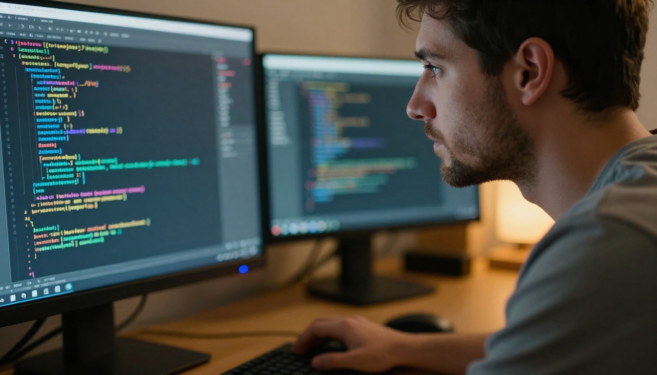 Young male developer leaning close to monitor showing colorful code, screen glow and desk lamp, 50mm f/1.4 lens, RAW photography