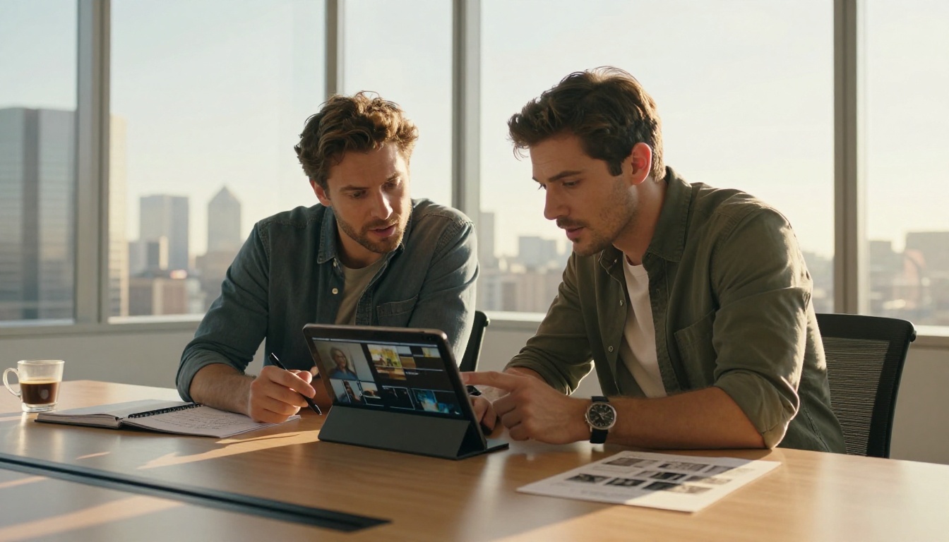 Two film producers reviewing footage on a large tablet in a glass-walled conference room with a city skyline backdrop Two film producers reviewing footage on a large tablet in a glass-walled conference room with a city skyline backdrop