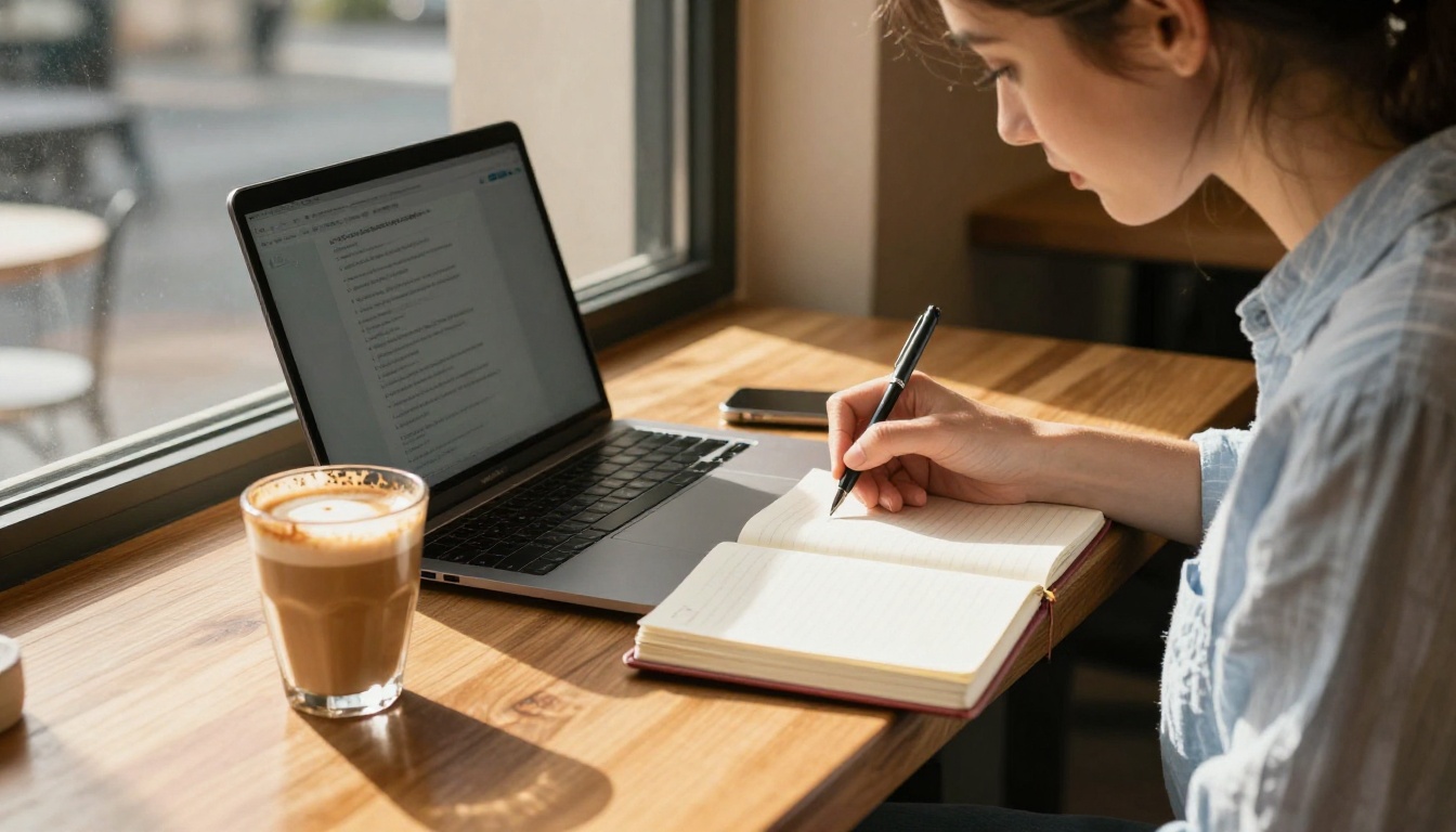 Woman writing in a notebook with laptop open at a cafe, warm afternoon light, Kodak Portra 400, RAW photography