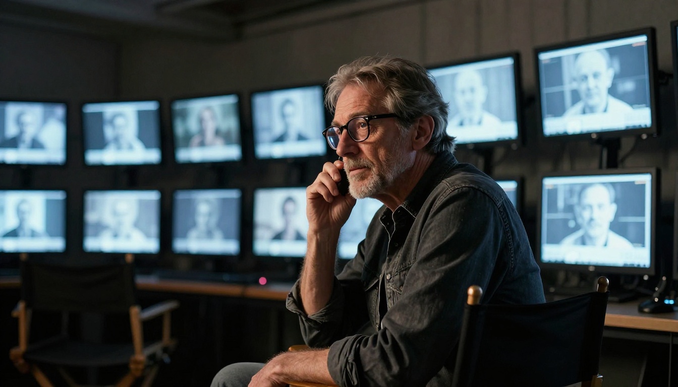 A film director reviewing AI-generated video clips on multiple professional monitors in a production studio