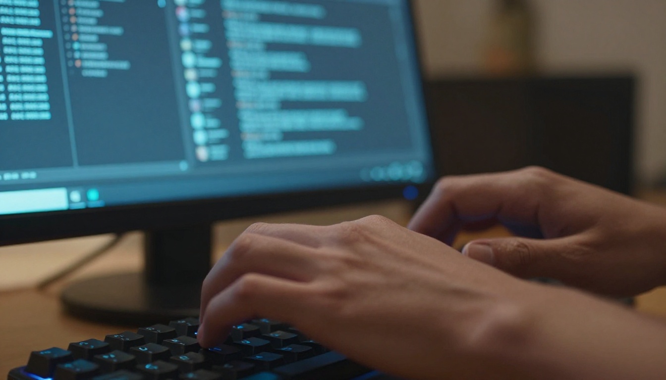 Close-up of hands typing a text prompt on a backlit keyboard with a blurred AI video interface on the monitor behind
