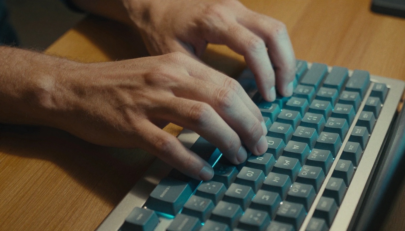 Male hands typing on a mechanical keyboard, dual-tone screen and lamp lighting, macro lens detail, Kodak Portra 400, RAW photography