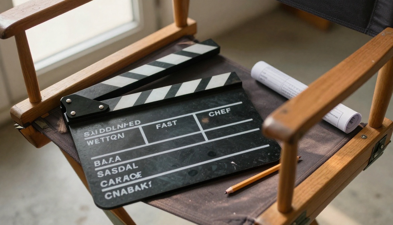 Overhead shot of a film clapperboard on a worn director's chair seat with handwritten scene numbers and a pencil beside it Overhead shot of a film clapperboard on a worn director's chair seat with handwritten scene numbers and a pencil beside it