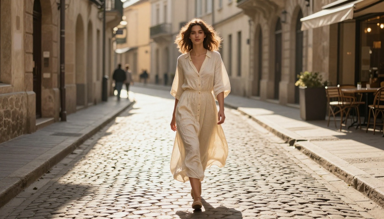 A young woman in a cream linen dress walking confidently on a European cobblestone street in golden afternoon light, fabric catching the breeze with natural movement