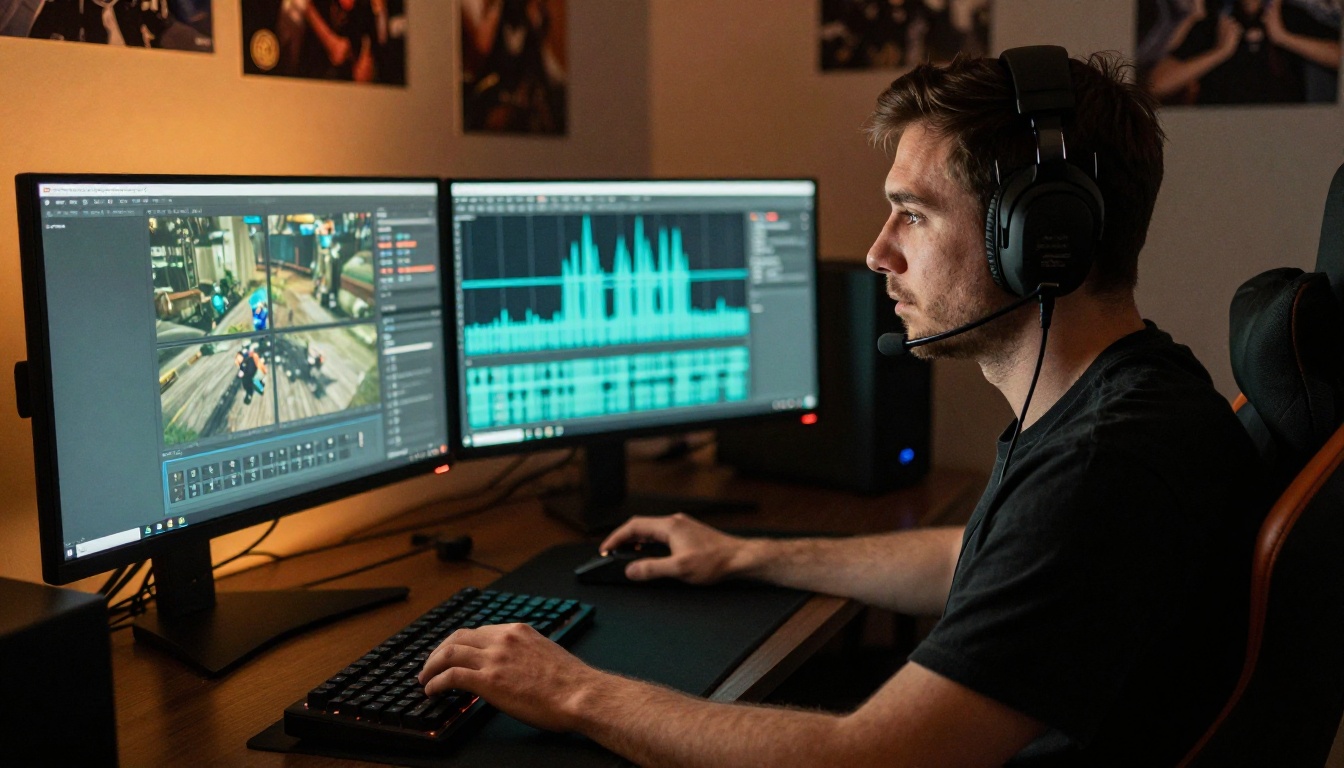 Male gaming YouTuber at triple monitor setup with audio waveform visualization on screen