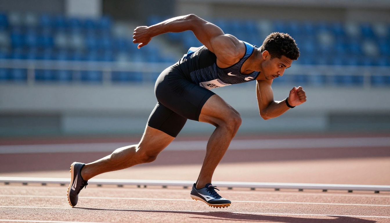A male sprinter at peak acceleration on a professional outdoor running track under morning sunlight, long telephoto 400mm compression