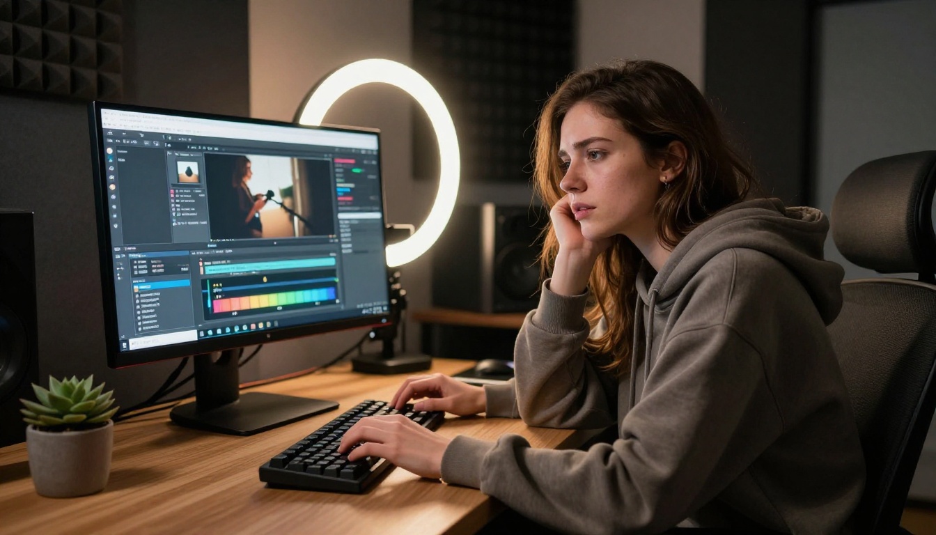 Solo content creator working late at night at a home studio desk with a monitor showing an AI video generation interface