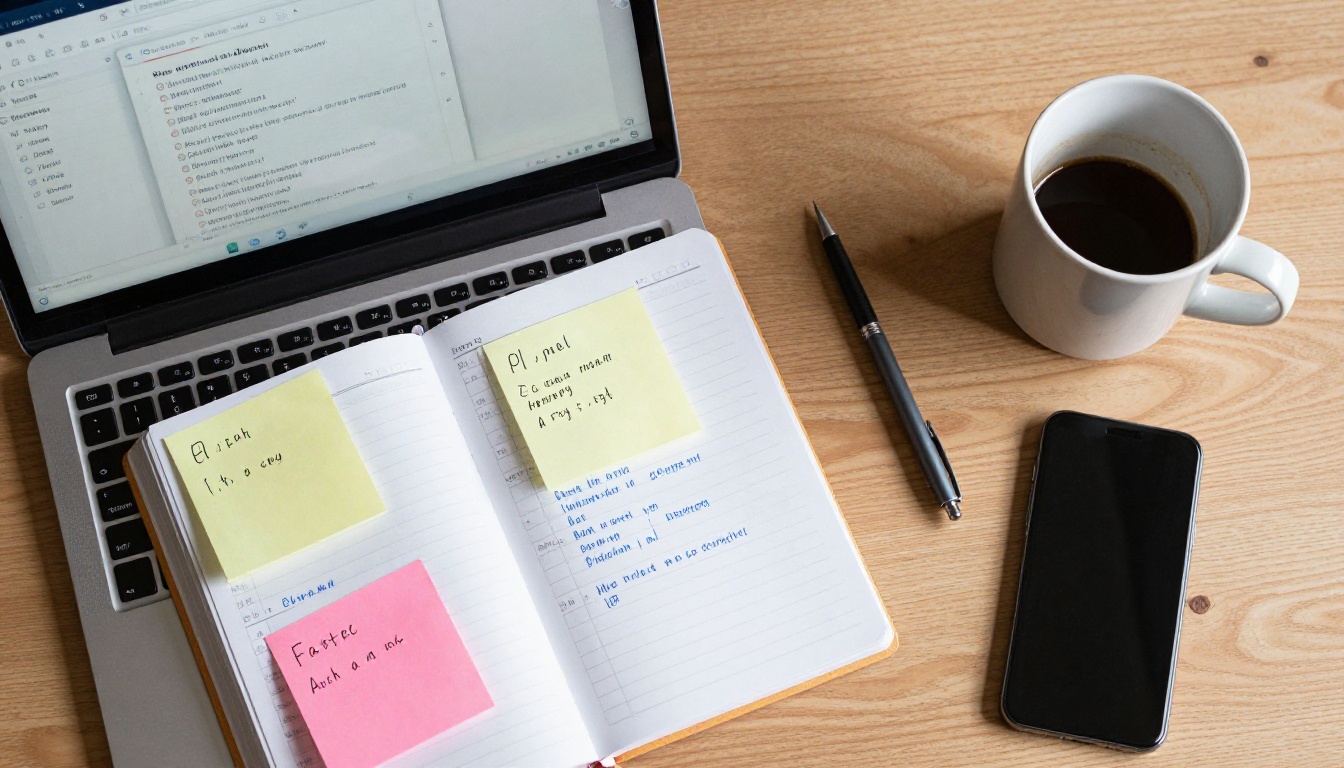 Overhead flat-lay of work desk with laptop, planner, sticky notes, coffee mug and pencil, natural diffused light, RAW photography