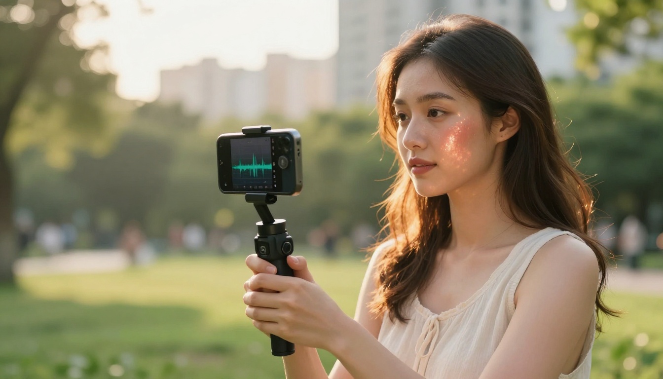 Lifestyle vlogger woman filming outdoors in sunlit park at golden hour with smartphone gimbal