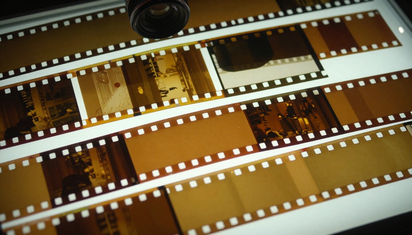 Close-up of 35mm film strips on a light table showing sequential frame coherence and authentic grain texture