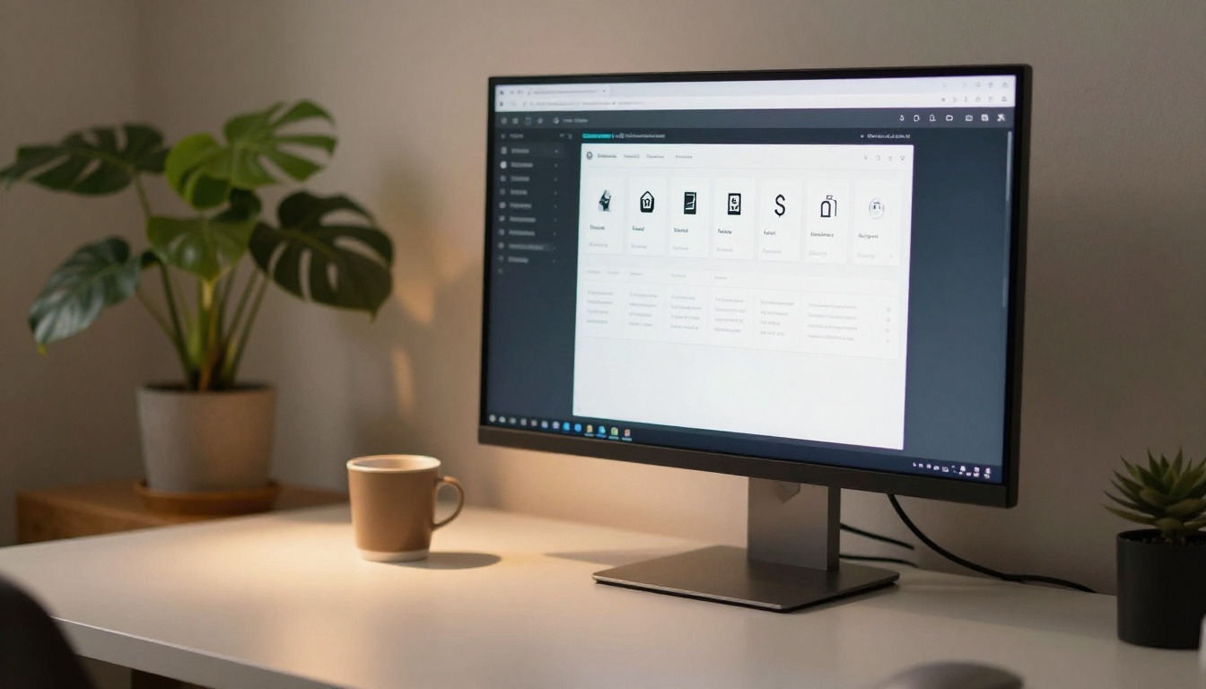 PicassoIA AI platform interface on curved monitor showing LLM model cards, warm desk lamp light, shallow depth of field, RAW photography
