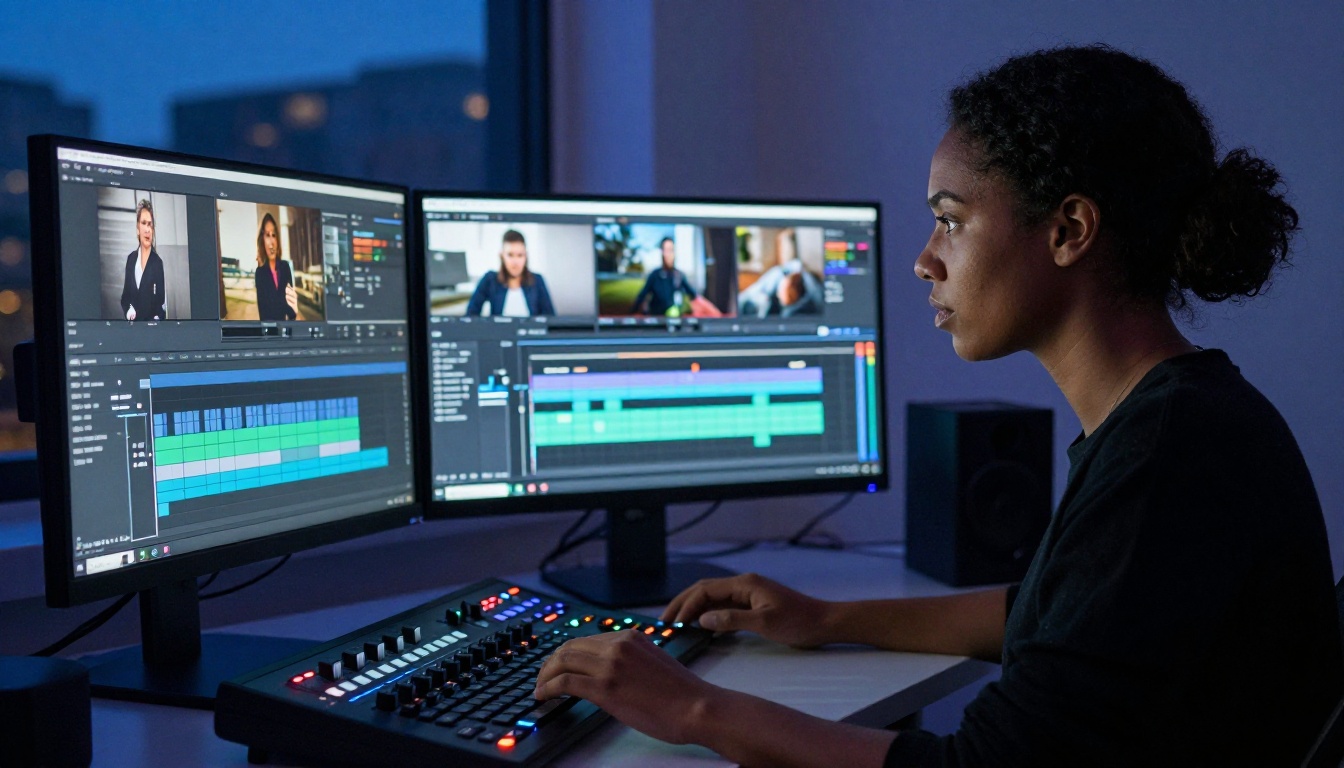 A female video editor at her dual-monitor workstation reviewing AI-generated footage late at night, monitor glow as the only light source