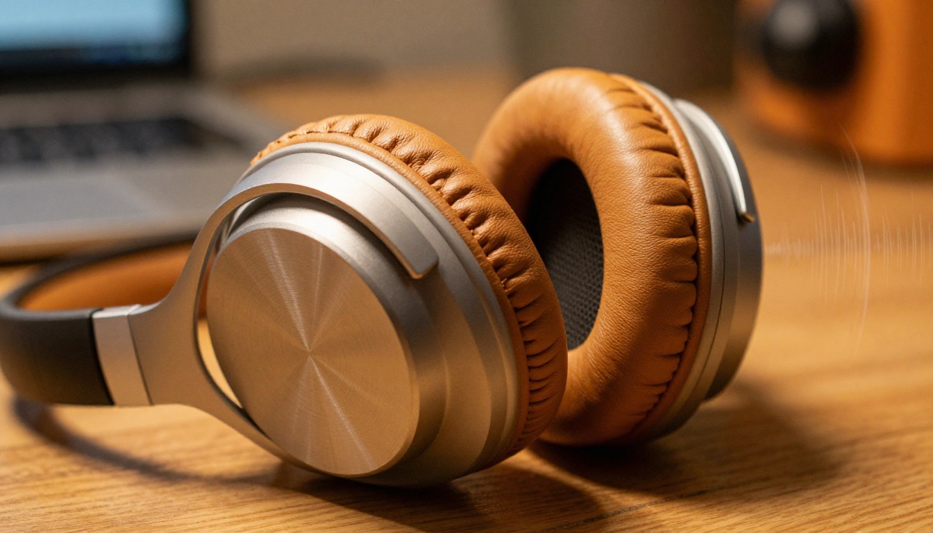 Over-ear headphone macro close-up with leather detail on wooden desk