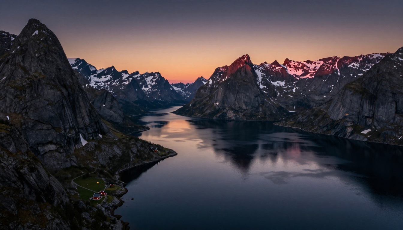 Aerial view of a Norwegian fjord at blue hour with mist rising from the water and a small red wooden cabin on the pine-covered shoreline