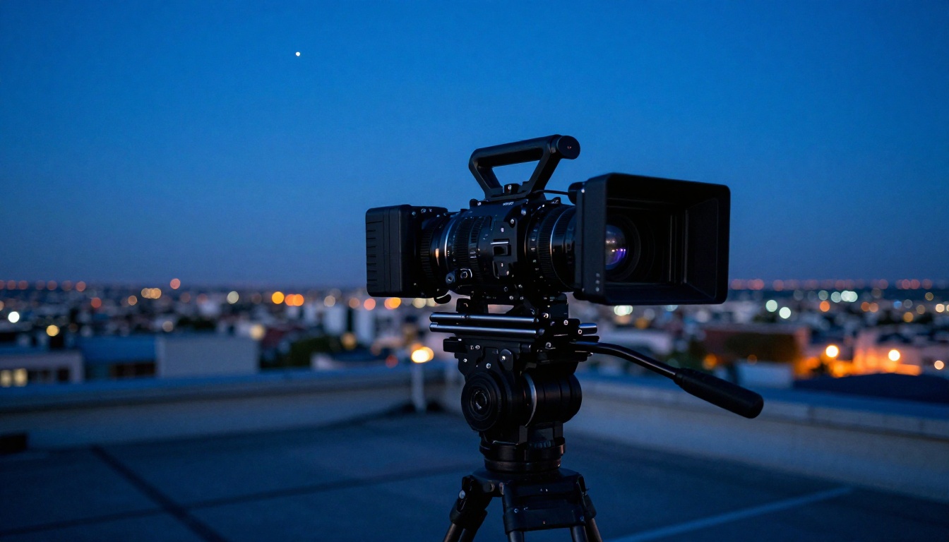 Cinema camera silhouetted against a deep cobalt blue hour sky on a rooftop with city lights glowing below