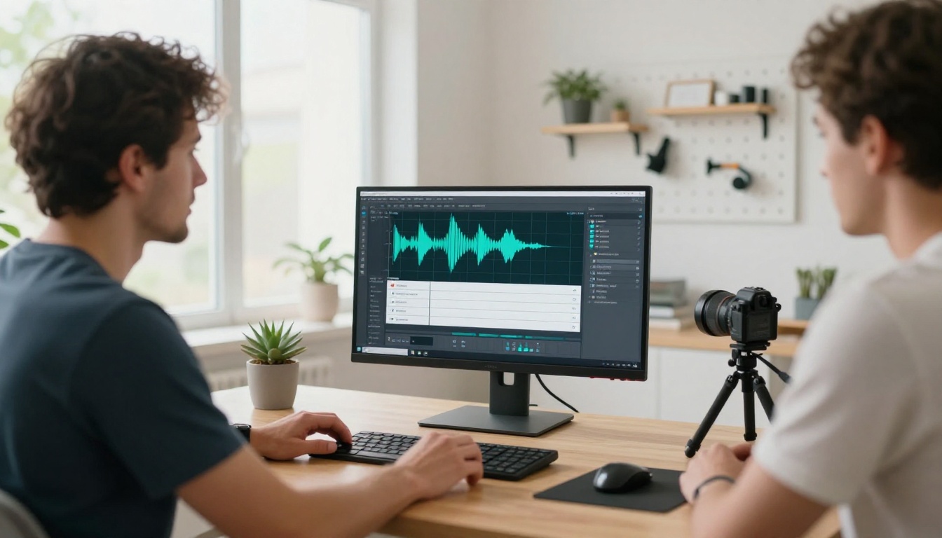 Tutorial YouTube creator recording at clean home office with music AI interface on screen