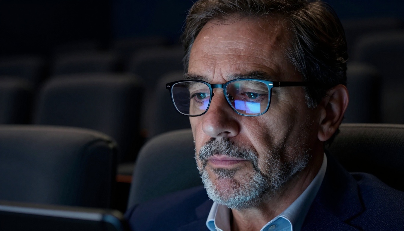 Film producer reviewing footage on a tablet in a darkened screening room with theater seats softly blurred in the background