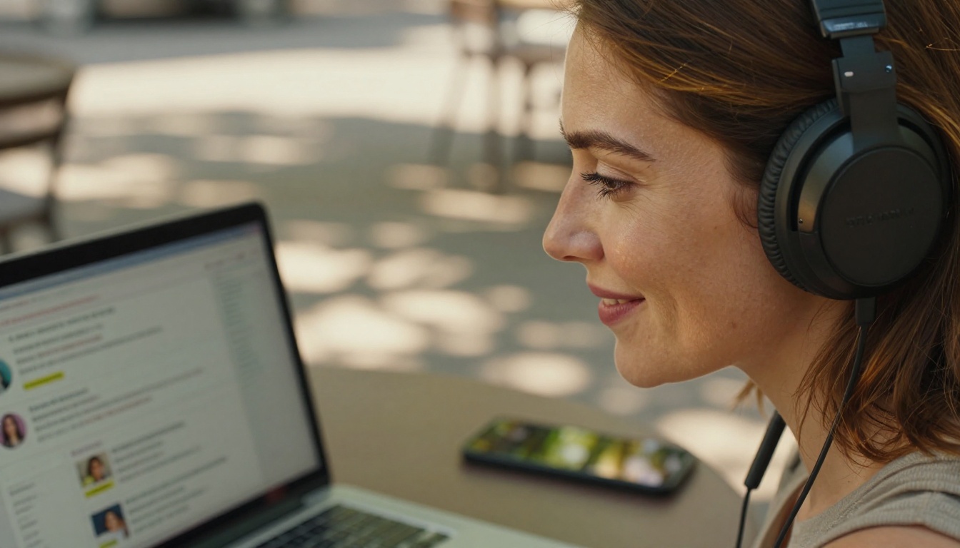 Woman at outdoor cafe writing social media captions with AI assistance
