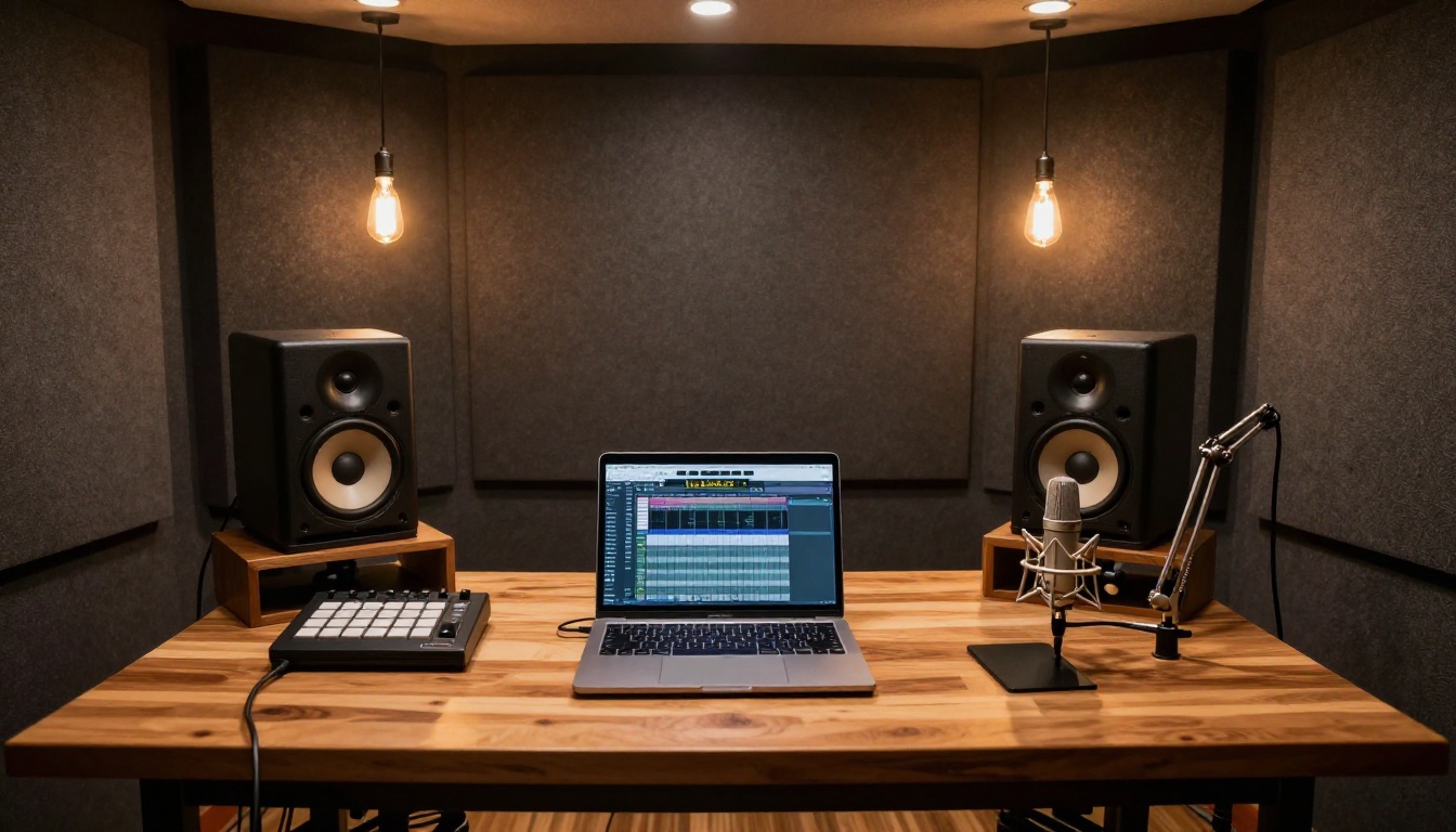 Professional home music studio with studio monitors, MIDI controller, and condenser microphone