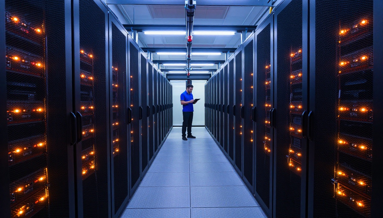 A professional data center with rows of glowing server racks representing the open-source AI infrastructure behind Wan 2.7 Pro