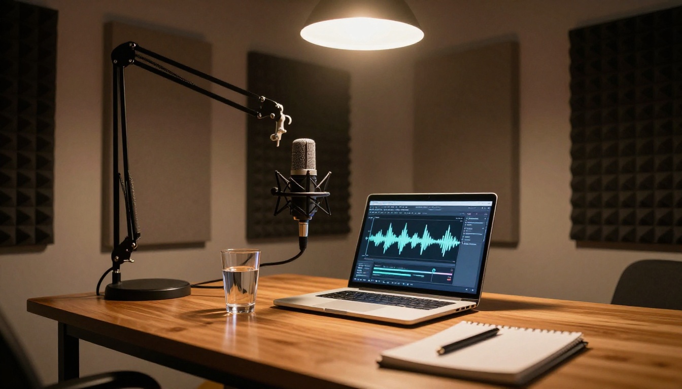 Minimalist podcast recording studio with AI voice generation interface on laptop
