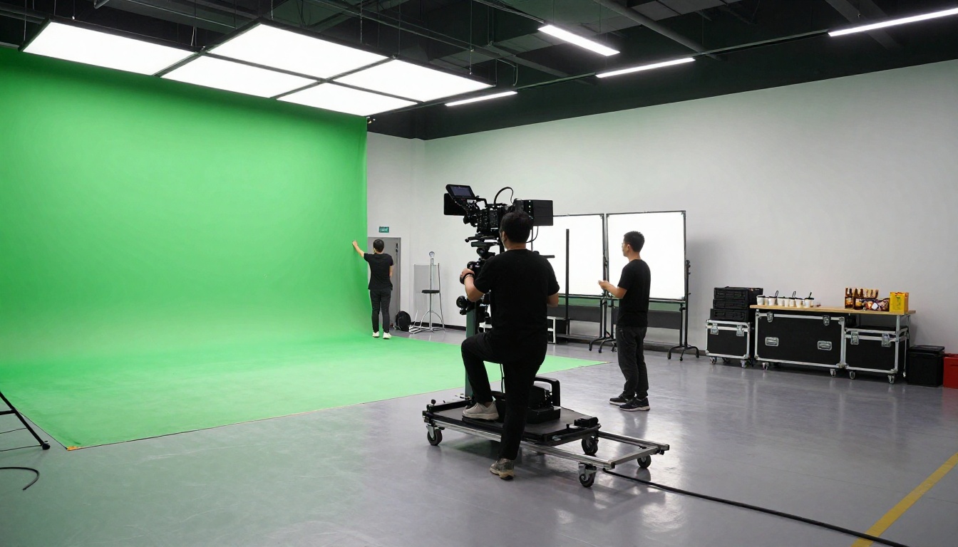 Wide shot of a modern professional video production studio with green screen backdrop, camera dolly on rails, and crew adjusting lighting rigs overhead