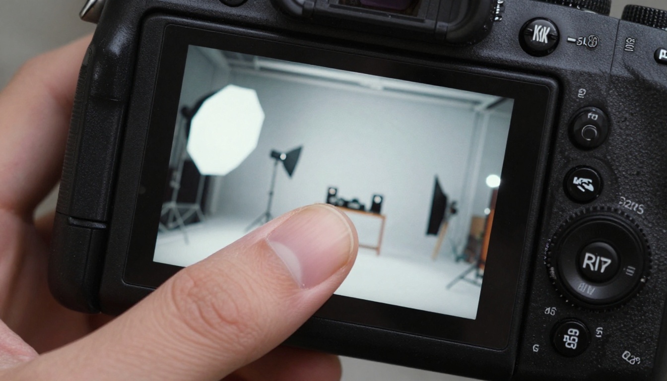Photographer reviewing portrait shots on camera LCD screen in studio