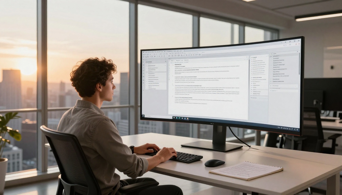 A professional reviewing multiple long documents simultaneously on a large monitor at golden hour A professional reviewing multiple long documents simultaneously on a large monitor at golden hour