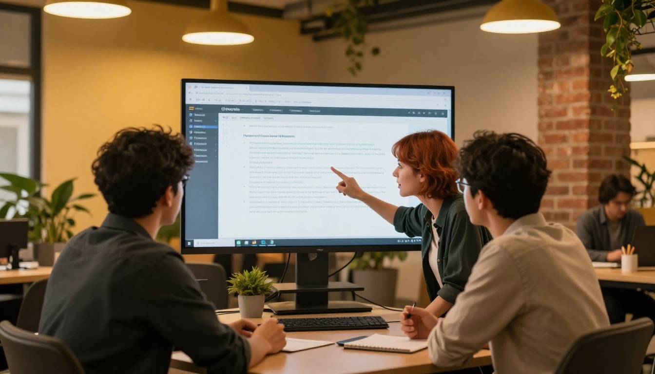 A team reviewing AI-generated output on a large screen in a warmly lit office A team reviewing AI-generated output on a large screen in a warmly lit office