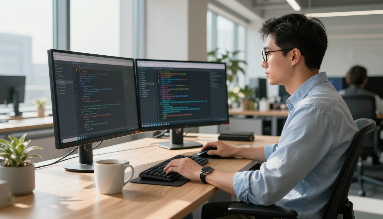Software engineer working with AI chat interfaces on dual monitors