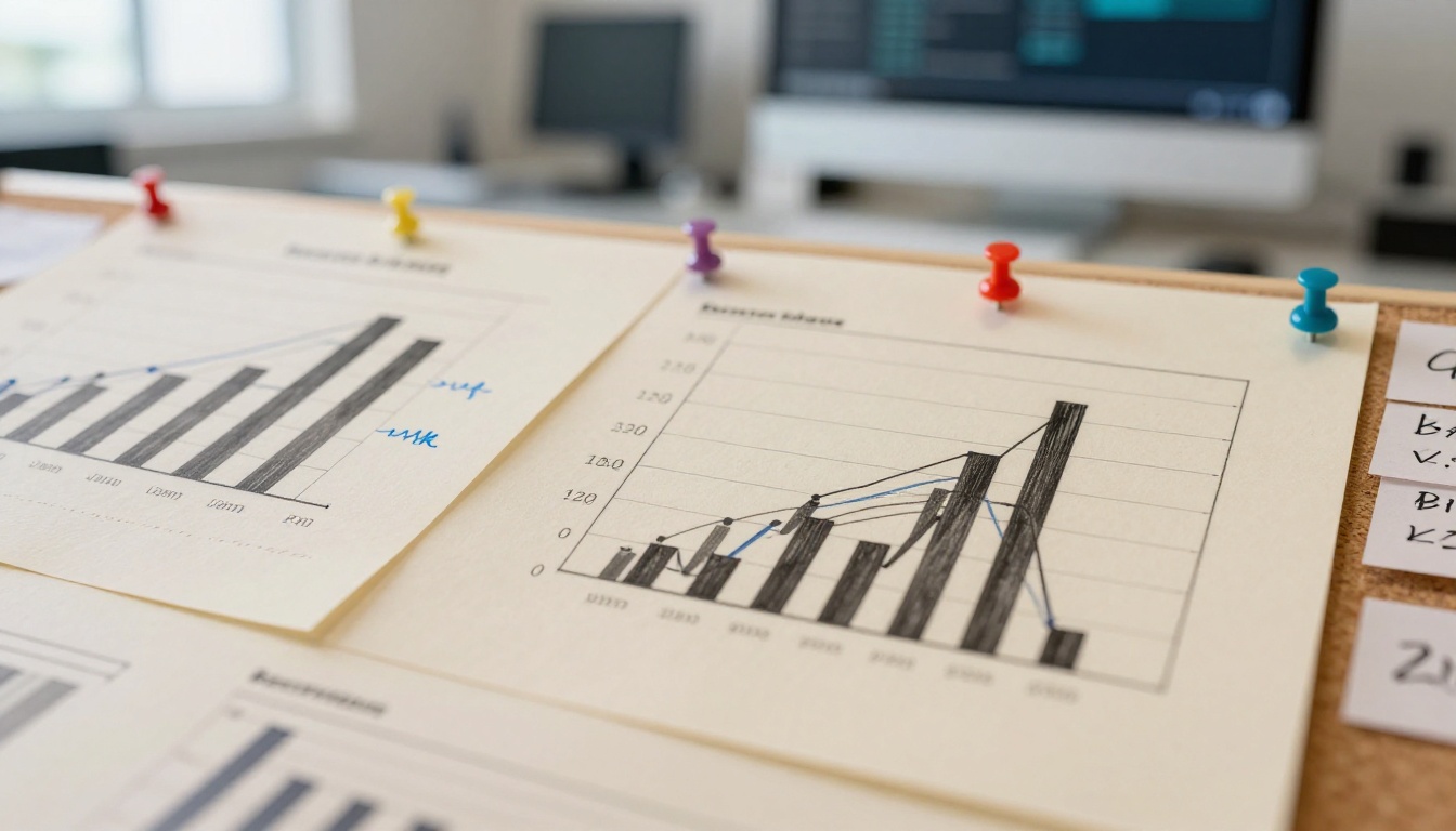 Printed benchmark charts and performance graphs pinned to a research corkboard