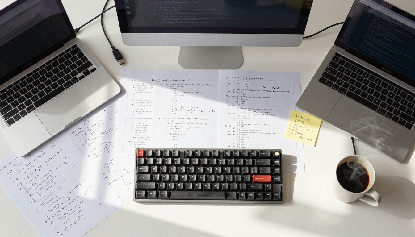 Developer desk with printed math equations, keyboard, and coffee mug overhead shot