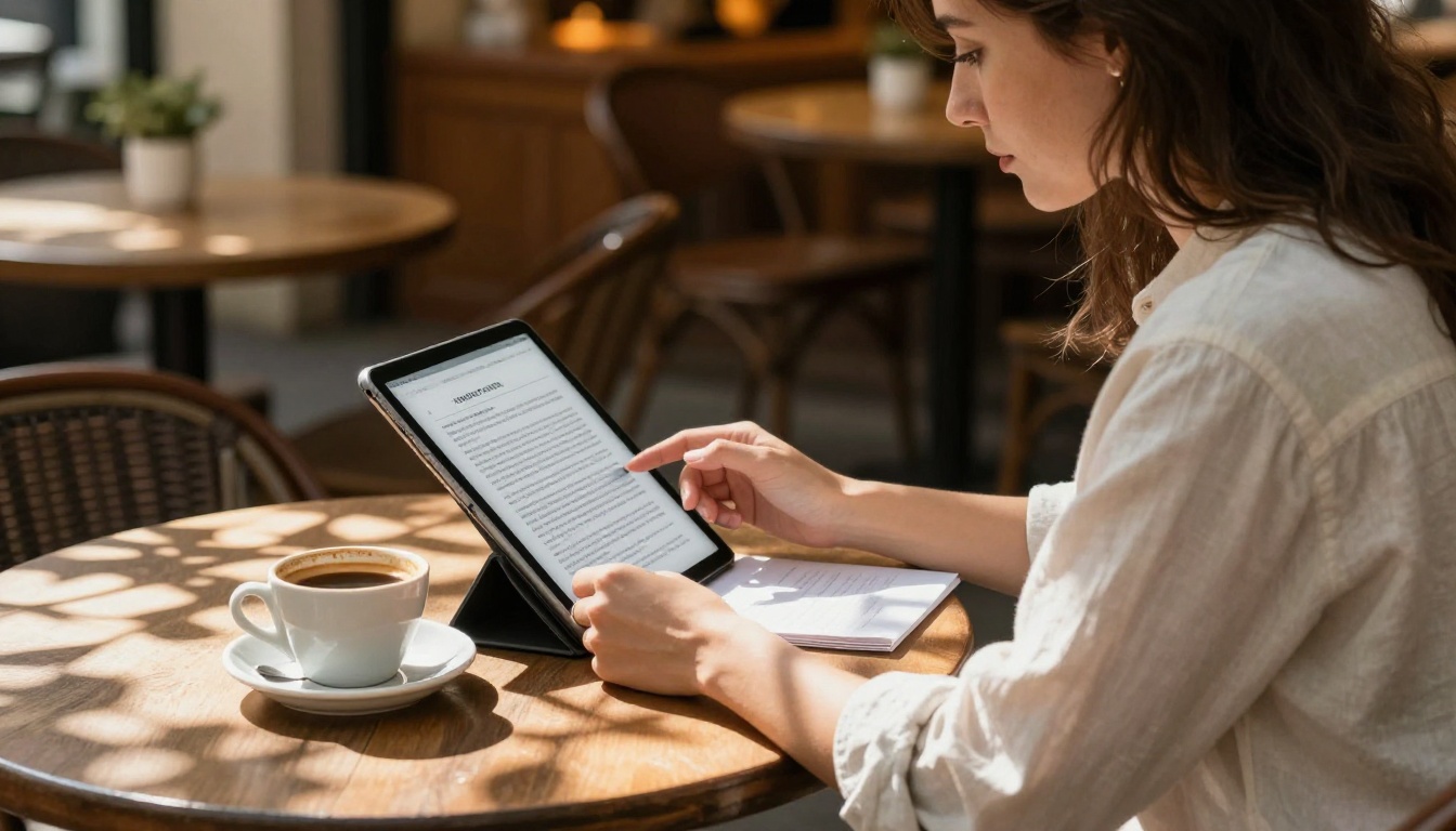 A woman reading a long document on a tablet at a café terrace in morning light A woman reading a long document on a tablet at a café terrace in morning light