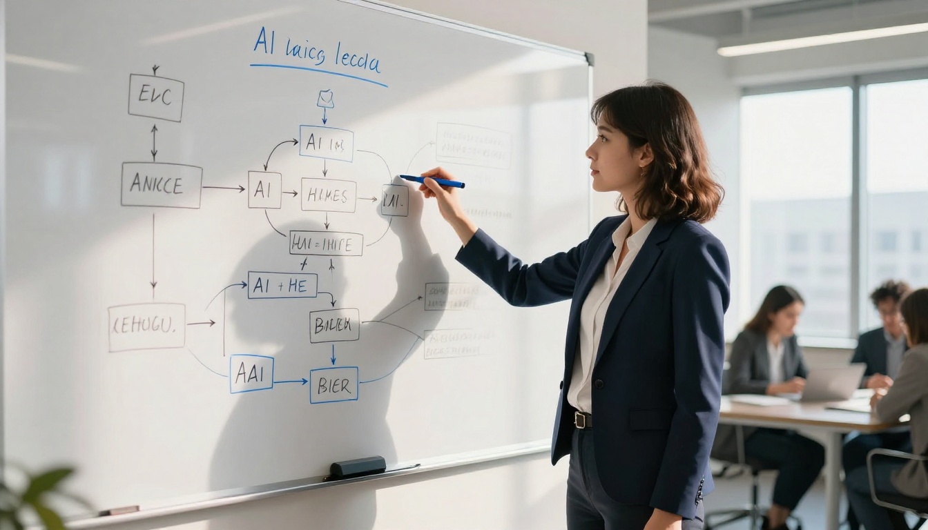 Data scientist presenting AI reasoning flowcharts on whiteboard to colleagues