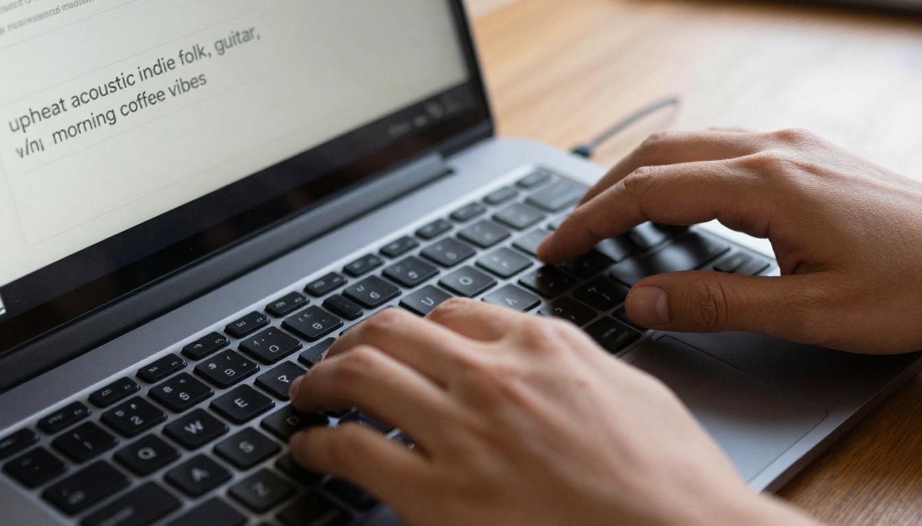 Person typing an AI music prompt at a home studio desk
