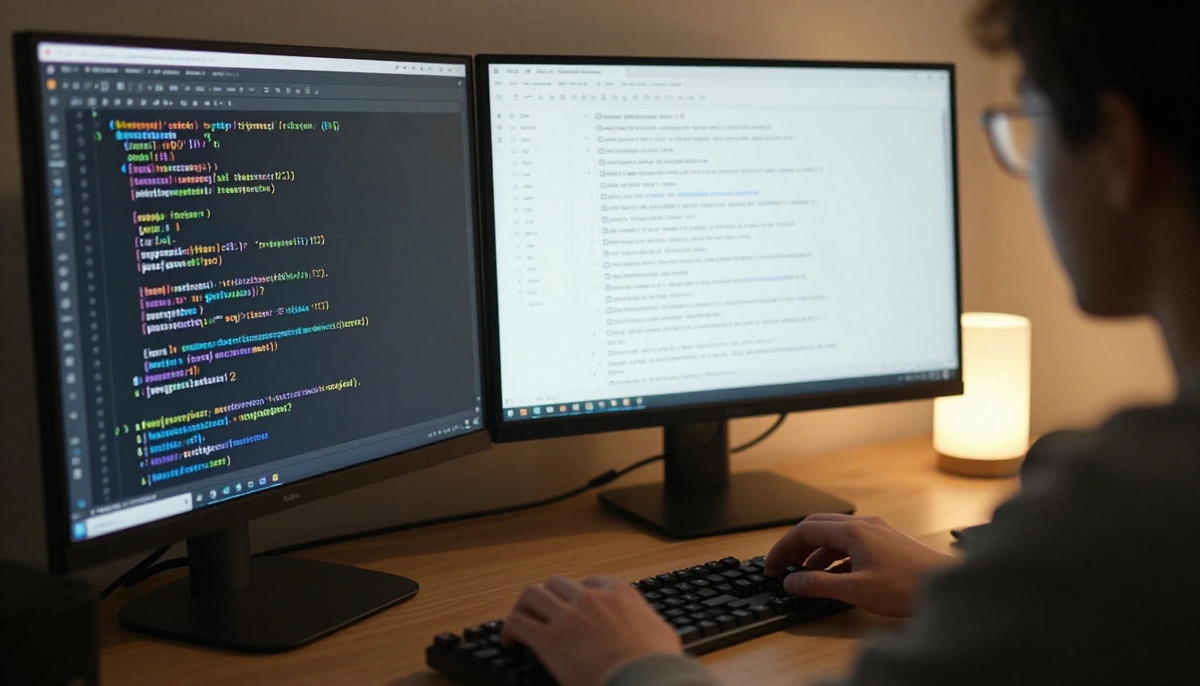 A developer reviewing code and AI responses on dual monitors in a warm home office setup