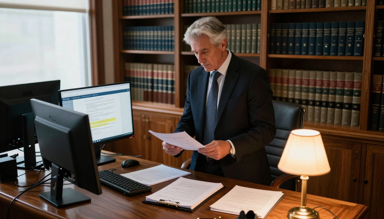 An attorney reviewing AI-processed legal documents in a professional law office